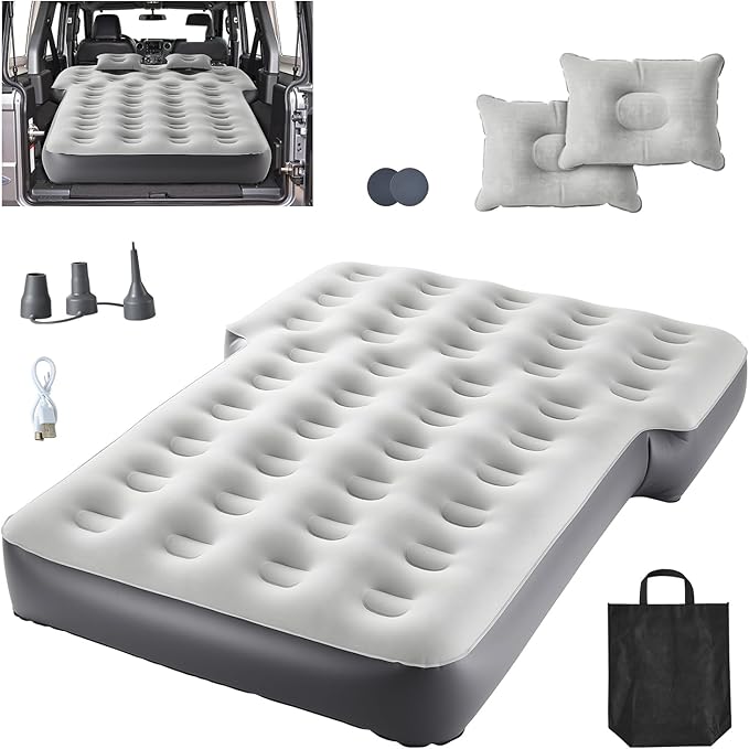 VEVOR Car Air Mattress Inflatable Car Camping Mattress Fits Toyota 4runner Jeep Wrangler JK JKU JL JLU 4 Door Flocking Thickened Blow Up Travel Beds Gray 2 Pillows