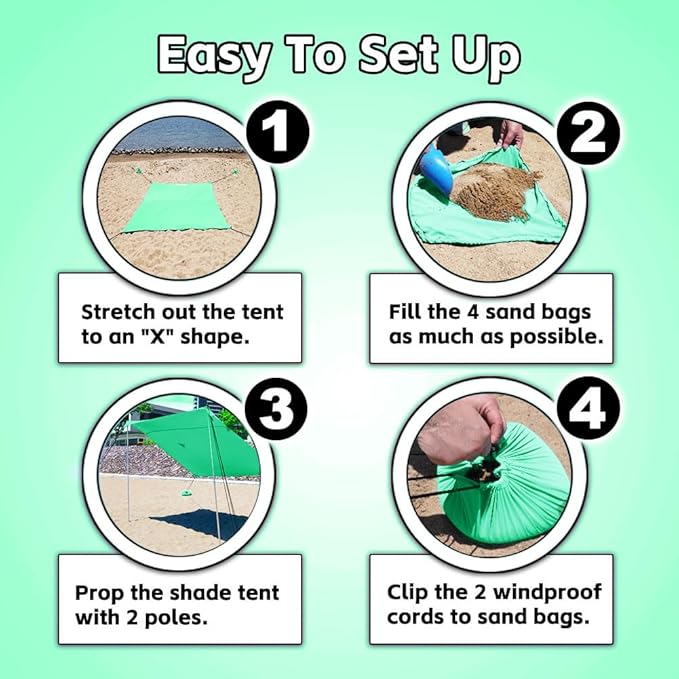 Beach Shade Tent 7 × 7.15 Ft Portable Easy Pop Up Beach Canopy UPF50+ Sun Protection Shelter Windproof &amp Water Resistant Stable with 4 Sandbags &amp Windproof Cords Perfect for Family