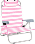 Beach Chair for Adults 5 Position Lay Flat Backpack Beach Chair with Cooler Cup Holder and Storage Bag Portable Folding Heavy Duty Beach Lounger for Outdoor Lawn Camping Festivals-Pink Stripe
