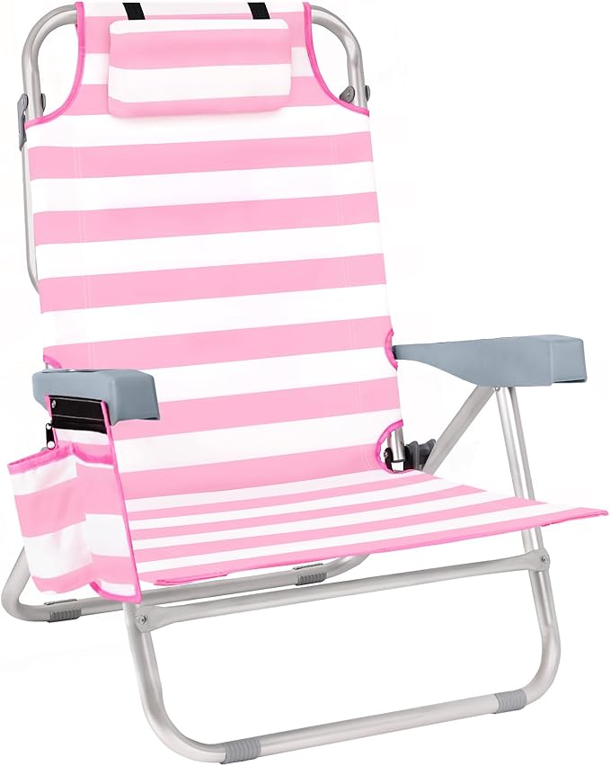 Beach Chair for Adults 5 Position Lay Flat Backpack Beach Chair with Cooler Cup Holder and Storage Bag Portable Folding Heavy Duty Beach Lounger for Outdoor Lawn Camping Festivals-Pink Stripe