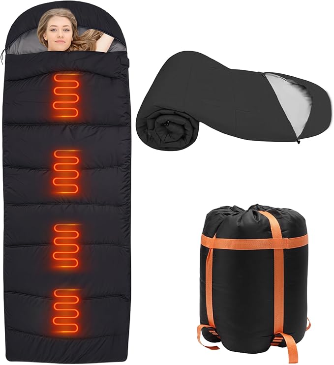 Heated Sleeping Bags for Adults Compact Waterproof 3 Gear Temperature Sleeping Bag Camping Essentials USB Rechargeable Heating Pads 4 Heating Areas for Backpacking Hiking