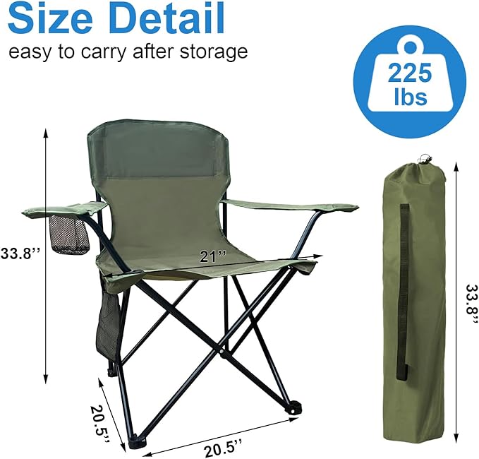 Folding Camping Chair with Cup Holder and Cooler Bag Portable Outdoor Chair for Camping Fishing Beach Picnic Heavy Duty Steel Frame Carry Bag Included Supports 225LBS Green 2 Pack