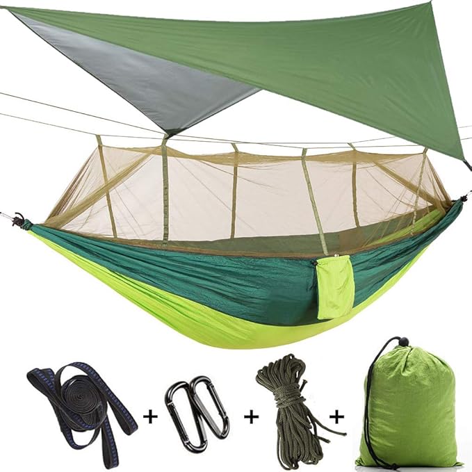 Camping Hammock with Mosquito Net &amp Rain Fly Tent Tarp &amp Tree Straps Portable Strong Nylon Hammock Parachute Tent w/Storage Bag for Camping Hiking Backyard Outdoor Backpacking Travel