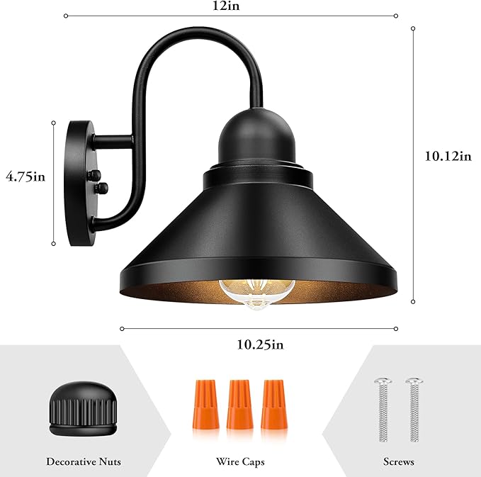 Brightever Gooseneck Outdoor Wall Sconces 2-Pack Large 10.23IN Farmhouse Barn Lights for Porch Industrial Black Exterior Wall Lights for Garage Patio E26 Base Anti-Rust Bulb not Included