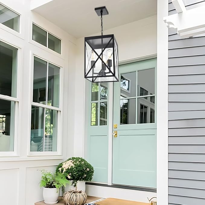 TODOLUZ Large Outdoor Porch Light Adjustable Chain 3-Lights Modern Outdoor Pendant Lighting in Matte Black Finish Outside Ceiling Mount Lamp for House Front Door Porch Patio Entryway