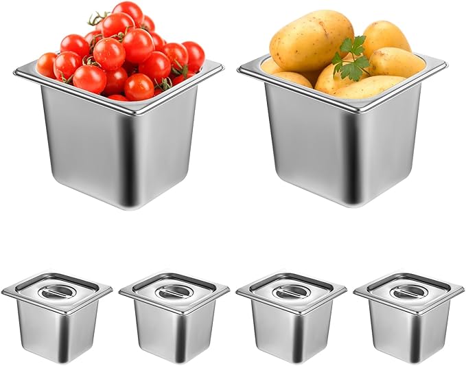 6 Pack Stainless Steel Hotel Pans with Lid 1/6 Size x 6 Deep Steam Table PAN 0.8 mm Thick Commercial Food Storage Containers Anti Jam Pan Stainless Steel Steamer Pan for Hotel Restaurant Buffet