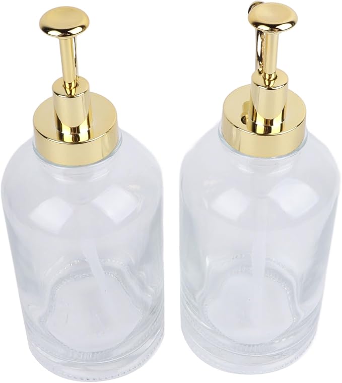 Fydun 2PCS Glass Syrup Pump Dispensers with 9 Labels and Silicone Funnel - Elegant Bar Accessory for Coffee Oils and Dressings - 500ml Acity - Gold Finish