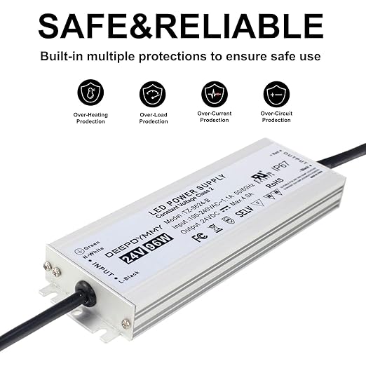 24V DC Power Supply 96W - Ultra Slim LED Driver Low Voltage Transformer with 3-Prong Plug &amp 3.3ft Cable IP67 Waterproof for LED Strip Lights Outdoor Lighting