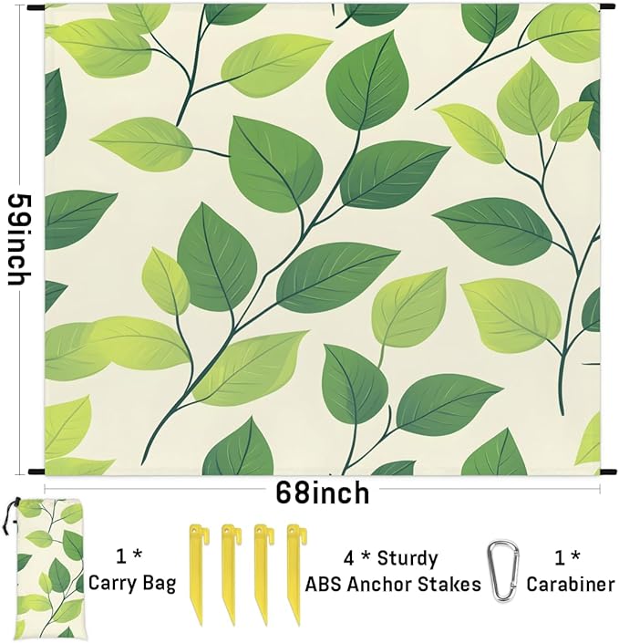 Waterproof Sandproof Beach Blanket 59''×68'' Seamless Patter Leaves Polyester Outdoor Picnic Blanket with 4 Stakes &amp Storage Bag for BeachCampingVacation
