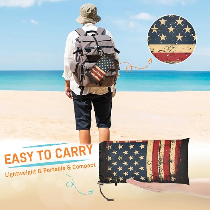 4th of July Beach Blanket Sandproof Beach Mat 68 x 59 Waterproof Quick Drying Sand Free Mat with 4 x Ground Spikes for Outdoor Travel Camping Hiking Vintage American Flag