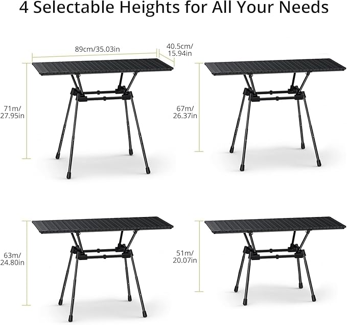 Anbte 3ft Roll Up Camping Table Max 27.5 4 Adjustable Heights Aluminum Camping Table Foldable Waterproof with Carrying Bag Lightweight for Garden Picnic Outdoor Travel Beach 35” X 16” Black