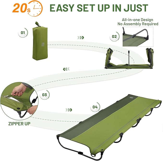 TIMBER RIDGE 20-Second Quick Set-Up Camping Cot Lightweight Aluminum Folding Cot Low Profile with Zipper Closure Portable Carry Bag for Camping Travel and Outdoors Support up to 225lbs Green