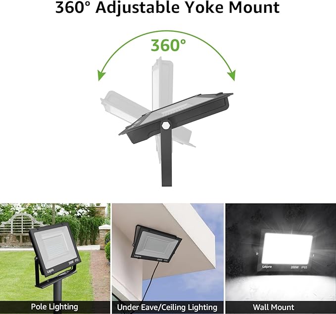 Lepro 200W Outdoor LED Flood Lights 5000K 10000 Lumens Super Bright for Yard Garden Driveway Pool Parking Area Playground Outside Floodlight Fixture (watts 200)