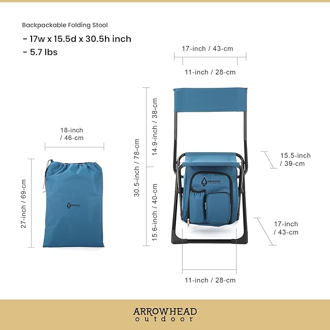 Arrowhead Outdoor Multi-Function 3-in-1 Compact Camp Chair: Backpack Stool &amp Insulated Cooler w/Bottle Holder &amp Storage Bag External Pockets Backrest Fishing Hiking Heavy-Duty USA-Base