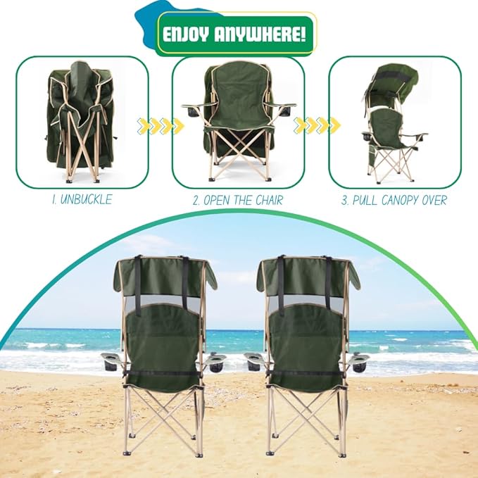 EZONE Folding Canopy Camp Chair for Outdoors Shade Canopy Portable Chair Camping Tailgates Beach Pool Lawn Chair Sunshade Travel Chair Folding Camping Chair (Upgraded - Olive Green)