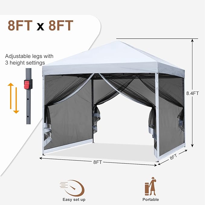 MASTERCANOPY Pop-Up Setup Outdoor Canopy with Netting Screen Walls (8x8 White)