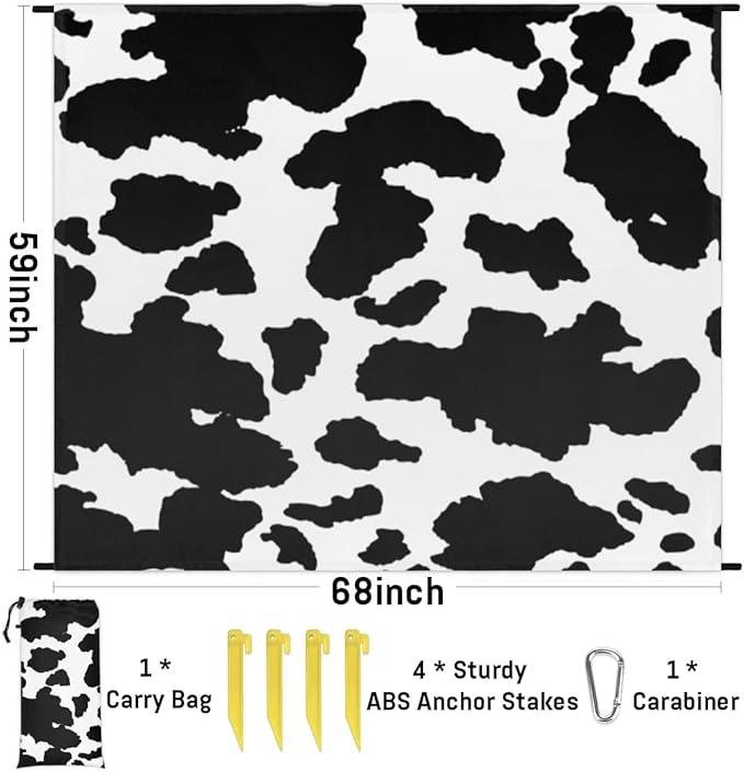 Cow Print Lightweight Beach Blanket Waterproof Sandproof 59X68 Sand Free Beach Mat with 4 Stakes Compact Outdoor Blanket for Beach Quick Drying Picnic Mat for Travel Camping