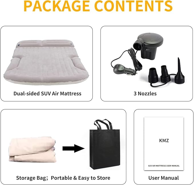 KMZ SUV Air Mattress Thickened and Double-Sided Flocking Travel Camping Bed with 2 Pillows &amp Electric Pump Dedicated Mobile Cushion Inflatable Bed for SUV Trunk and Rear Seat (Beige and Coffee)