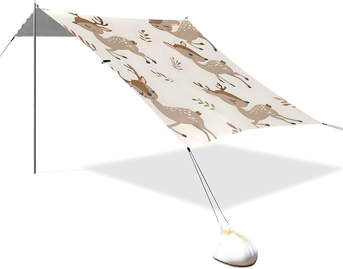 Seamless Pattern with Cartoon Deer Camping Sun Shelter Beach Tent Portable Beach Sun Shade Outdoor Canopy for Camping Trips Fishing Picnic