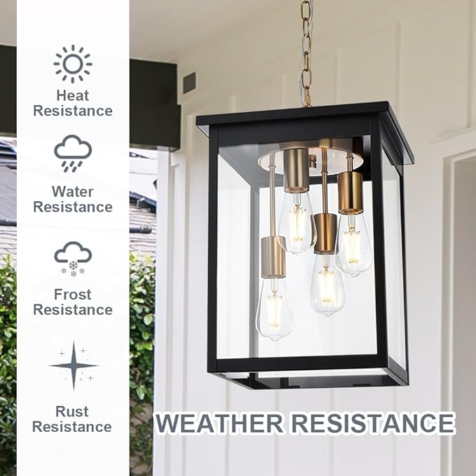 TODOLUZ Outdoor Pendant Light Fixtures 4-Lights Large Outdoor Ceiling Hanging Lanterns in Black &amp Brushed Brass Farmhouse Exterior Chandelier for Front Door Entry Patio
