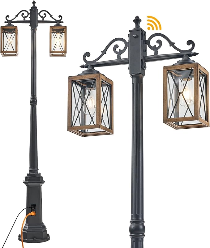 Dusk to Dawn Outdoor Lamp Post Lights with GFCI OutletDouble-Head Farmhouse Street Light FixtureAluminum Black Pole Exterior Lights Waterproof Lantern Outdoor Lighting