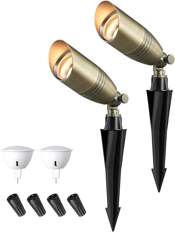 EDISHINE Solid Brass Outdoor Landscape Spotlights 3CCT MR16 Bulb Included 12V LED Low Voltage Landscape Lighting Bronze Heavy Duty Waterproof Spot Lights for Yard Garden Lawn Tree 2 Pack
