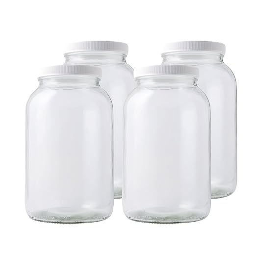 FastRack 1 Gallon Mason Jar with White Airtight Lid (Pack of 4) | Regular Glass Canisters with Airtight Lids | Large Mouth Glass Jar for Food Storage Canning Fermentation Pickling