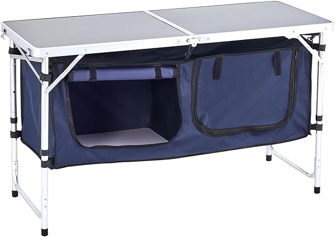 VEVOR Camping Kitchen Table Folding Outdoor Cooking Table 3 Adjustable Height Aluminum Lightweight Portable Cook Station with Storage Organizer Carry Handle for BBQ Party Picnic RV Travel Blue