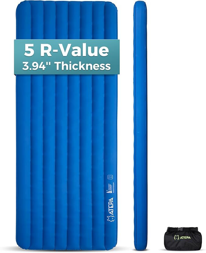 ATEPA ThermAir Pro Backpacking Inflatable Sleeping Pad 5 R-Value Insulated Ultralight Portable Sleeping Pad Thick Camping Mat with Stuff Sack for Camping Backpacking Tent Wide Long Size 77.5x25.6