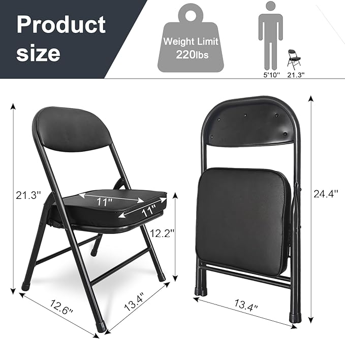 Mini Padded Folding Chairs Garage Stool Portable Camping Chair with Cushion Lightweight Lawn Chair for Outdoor Sports Events Patio Fishing Hiking Hunting Picnic Beach (Black 2 Pack)