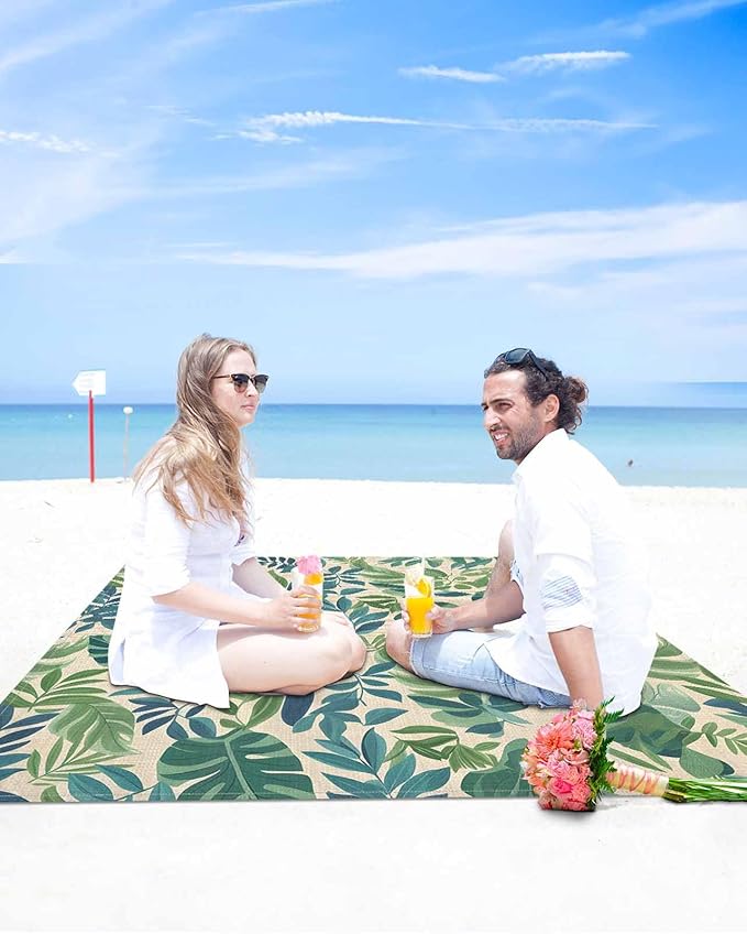 Summer Tropical Plant Beach Blanket Waterproof Sandproof Blue Green Leaf Vintage Linen Beach Mat Quick Drying Outdoor Picnic Mat 83 x 79 for 1-4 Adults Essentials for Travel Camping Hiking