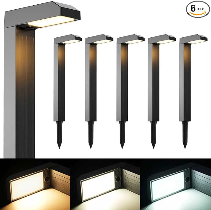 Solar Pathway Lights Outdoor 6 Pack 3 Color in 1 Bright Landscape Lighting with Cool/Warm/Daylight White Modes Auto On/Off IP65 Waterproof for Yard Garden Patio Walkway Sidewalk Lawn Decor