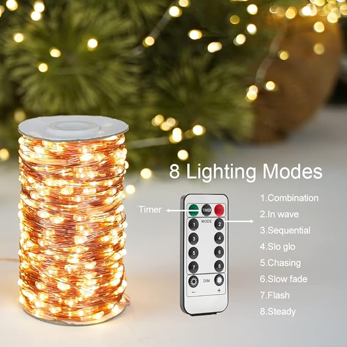 400FT Extra Long Warm White Plug in Fairy Lights 1200 LED Waterproof Copper Wire String Lights with Remote for Christmas Tree Bedroom Porch Patio Ceiling Garden Wedding Party