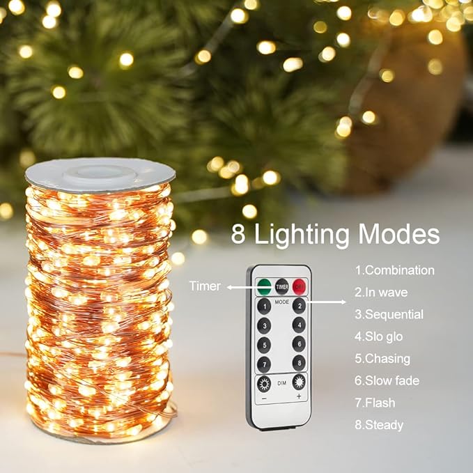 200FT Warm White Plug in Fairy Lights 600 LED Waterproof Copper Wire String Lights with Remote for Christmas Tree Bedroom Porch Patio Garden Wedding Party