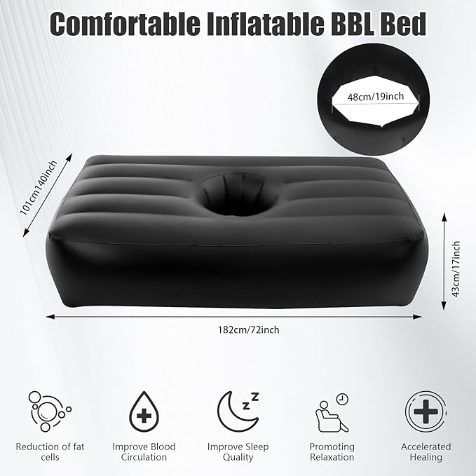 BBL Bed 72 x 40 Inflatable Mattress with Hole BBL Bed After Surgery for Sleeping Ergonomics PVC Pregnancy Bed Inflatable Mattress Air Mattress for Camping Traveling Hiking (Black Bed)