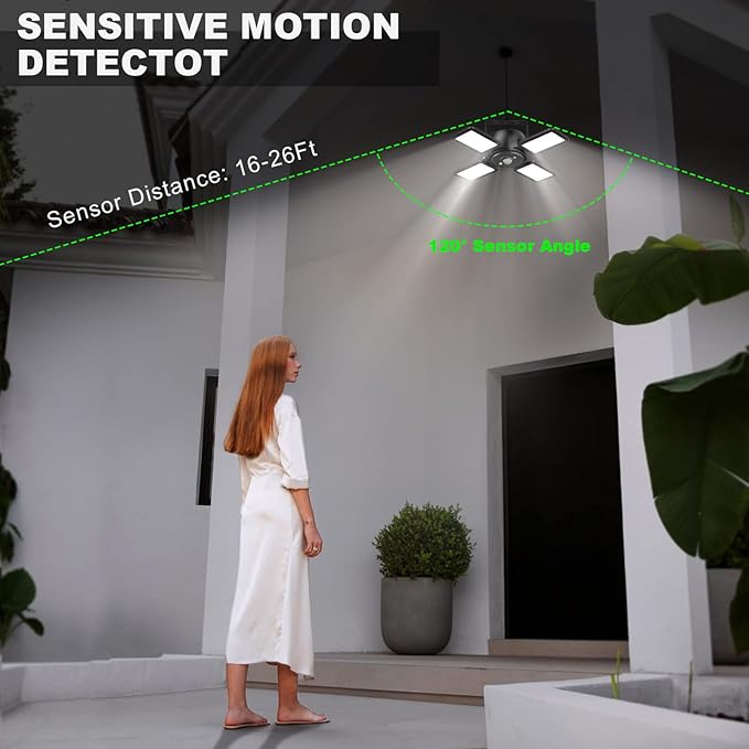 Solar Shed Light Outdoor Indoor Solar Powered Motion Sensor Pendant Light144LED 1200LM Daytime Work with 5 Modes &amp Remote Control 4 Heads IP65 Waterproof for Garage Barn Shop 2 Pack
