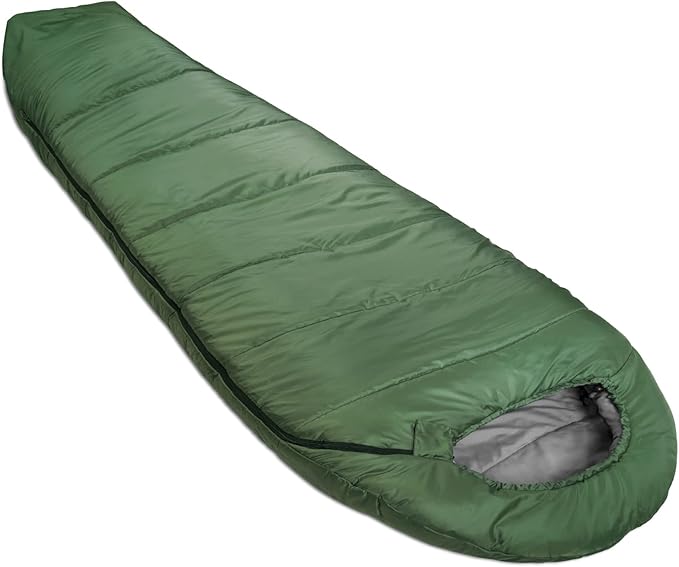 Amazon Basics 20°F Cold Weather Mummy Sleeping Bag for Hiking Outdoor Camping with No-Snag Zipper Portable 82 x 33 Olive Green