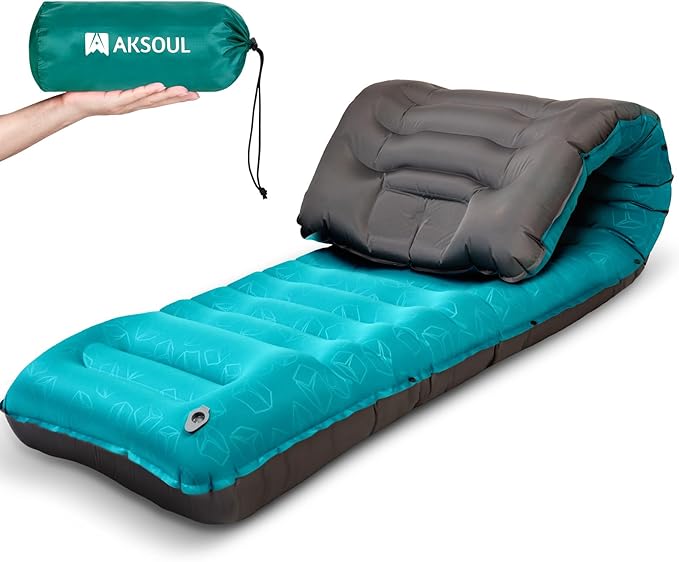 AKSOUL Sleeping Pad Ultra-Thick - Inflatable Sleep Mat Lightweight &amp Compact 4.72 in Air Mattress with Pillow Self-Inflating with Built-in Foot Pump for Traveling Hiking Camping (Blue)