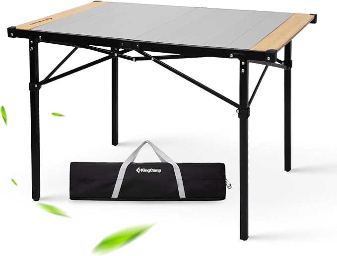 KingCamp Folding Camping Table Aluminum Roll-Up Camp Table Large Foldable Table for 4-6 Person Outdoor Portable Tables with Carry Bag 176 LBS Heavy Duty Load (Bamboo：40.16“x27.5”4-6 People)