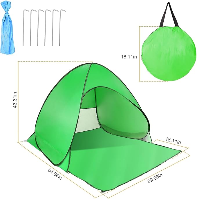 Pop Up Beach Tent Sun Shade Shelter Anti-UV Automatic Beach Tent Canopy for 2-3 People with Net Window Carry Bag for Park Camping (Green)
