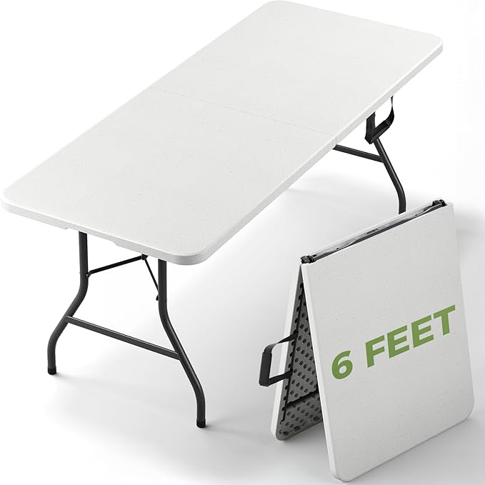 Folding Table 6 FT Foldable Plastic Table with Carrying Handle Heavy Duty Portable Fold-in-Half Utility Table for Party Camping Banquet Craft Wedding Indoor &amp Outdoor Use