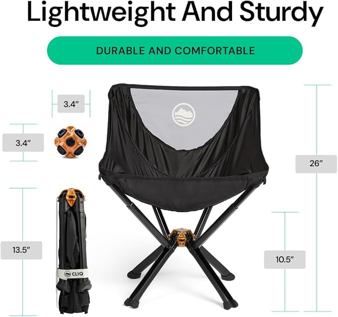 CLIQ Portable Chair Version ClassiQ 1.0 - Collapses to Size of Water Bottle - Lightweight Folding Chair for Camping - Outdoor Chair Supports 350 Lbs - Camp Chair Outdoor Adventures - Black