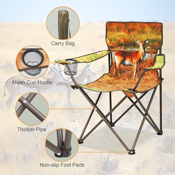 2 Pcs Animal Pattern Camping ChairFolding Backpacking Lightweight Beach Chair w/Cup HolderSide PocketCarry BagPortable Adults Lawn Chair for Family OutdoorHikingPartiesAntelope