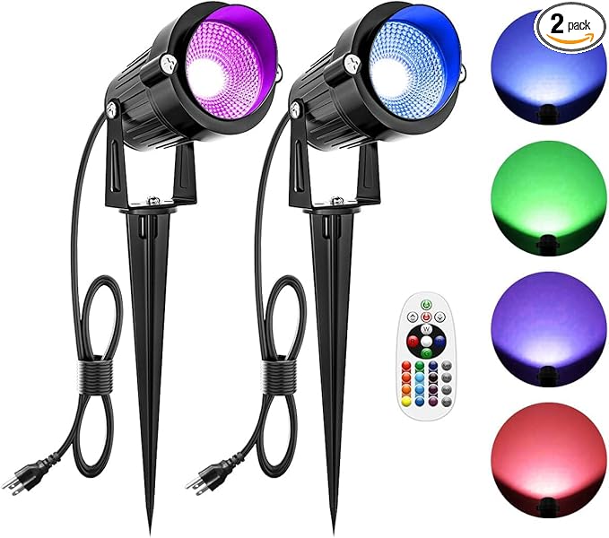 ZUCKEO Christmas Spotlights LED Outdoor Spot Lights for Yard 10W RGB Landscape Lights Color Changing 120V Waterproof Spotlight with Plug &amp Remote for House Garden Path Tree Decoration(2Pack)