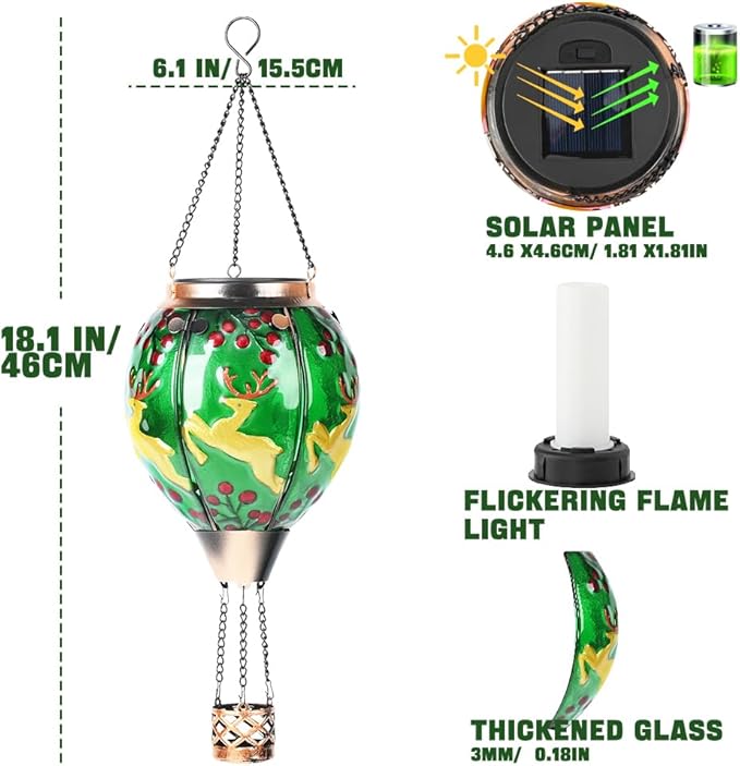 Solar Powered Hot Air Balloon Lantern - Reindeer Glass Lantern Simulated Flickering &amp Dancing Flame Outdoor Hanging Yard Light Waterproof IP65 for Patio Lawn Porch Christmas Decor Gift
