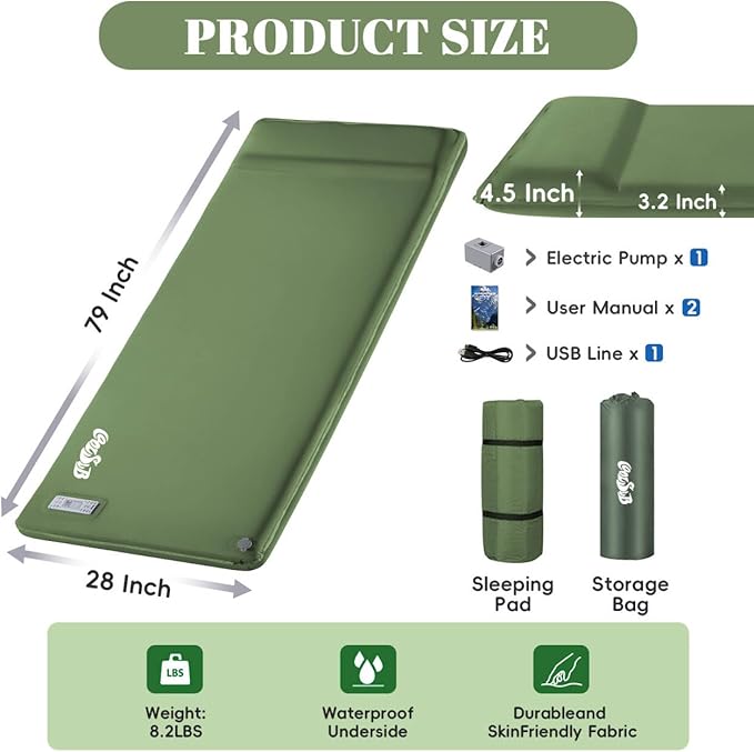 Camping Sleeping Pad Self Inflating Sleeping Pad with Electric Pump 3.2 Ultra-Thick Memory Foam Sleeping Mat with Pillow Camping Mattress Compact for Backpacking Hiking Traveling