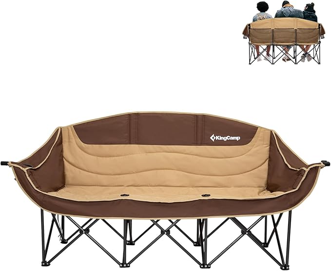 KingCamp 3 Person Camping Chair Oversized 660lbs Heavy Duty Loveseat for Adults Portable Folding XL 2 Person Couch Padded Comfortable Three Seat with Cup Holder for Outdoor Lawn Khaki/Coffee