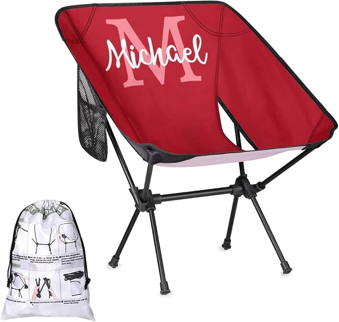Custom Red Portable Camping Chair Personalized Backpacking Chair with Name Lightweight Foldable Chairs for Hiking Beach