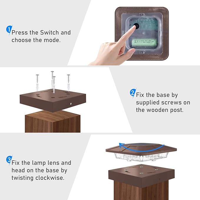 Peasur 4x4 Solar Post Cap Lights Outdoor with 3 Modes 20 Packs Brown Fence Deck Light Solar Powered Waterproof Wood/Vinyl Posts Top Lights for Yard Garden Patio Porch Railing Outside