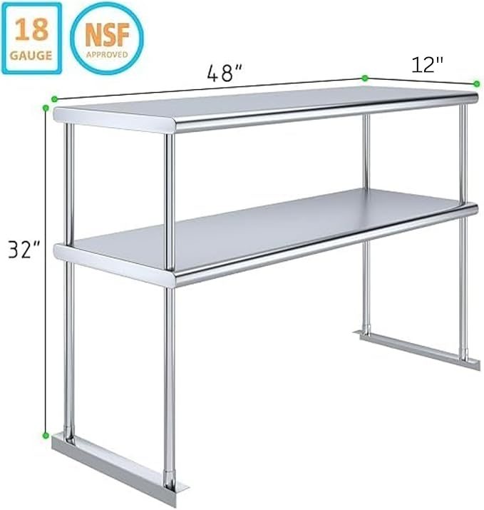 Stainless Steel Worktable with Double Overshelf – 48 x 12 | Heavy-Duty Commercial Prep Table Shelving | NSF Certified (48 in. Long x 12 in. Deep)